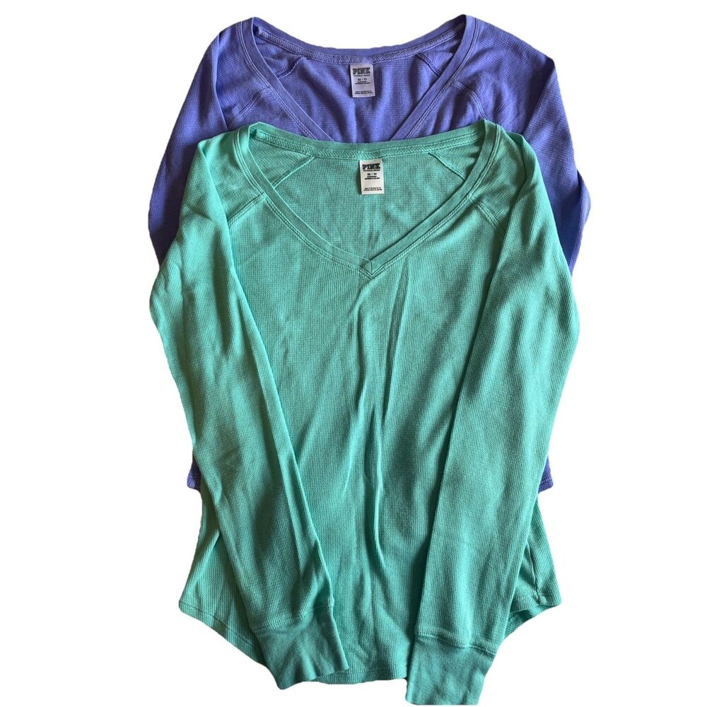 PINK Victorias Secret Thermal Top Women’s XS Green Purple Set Of 2 Waffle Knit